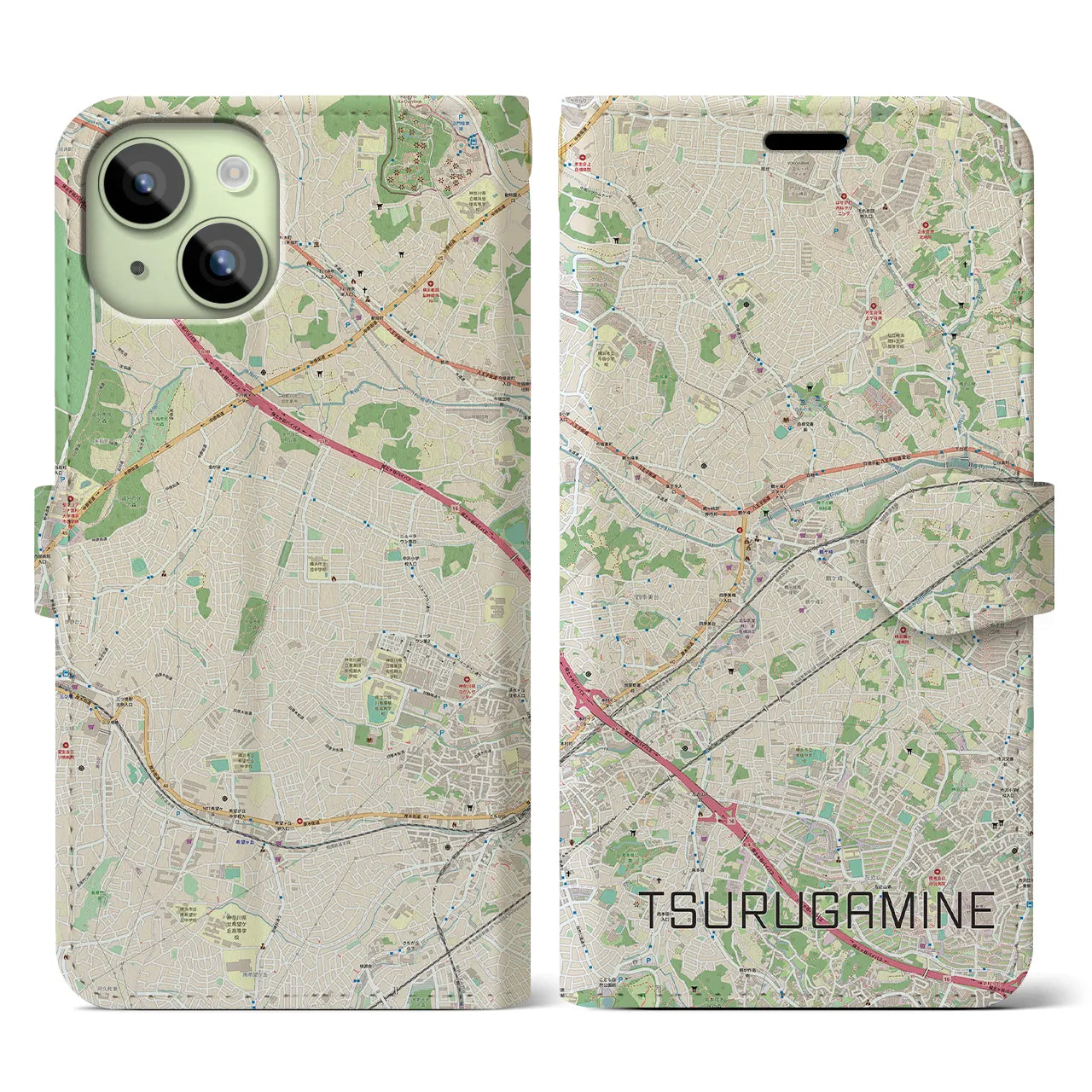 【鶴ヶ峰】地図柄iPhoneケース（手帳両面タイプ・ナチュラル）iPhone 15 用