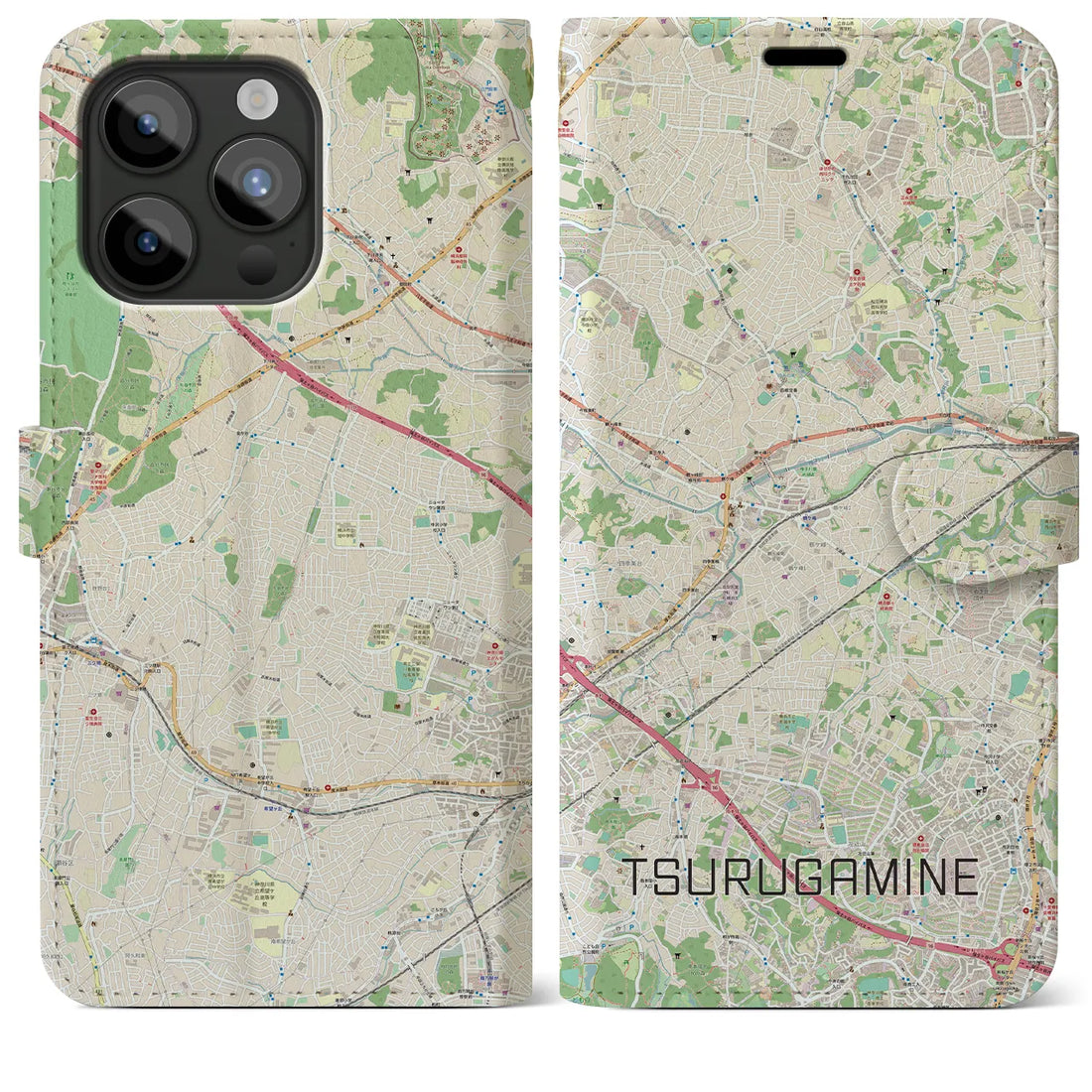 【鶴ヶ峰】地図柄iPhoneケース（手帳両面タイプ・ナチュラル）iPhone 15 Pro Max 用