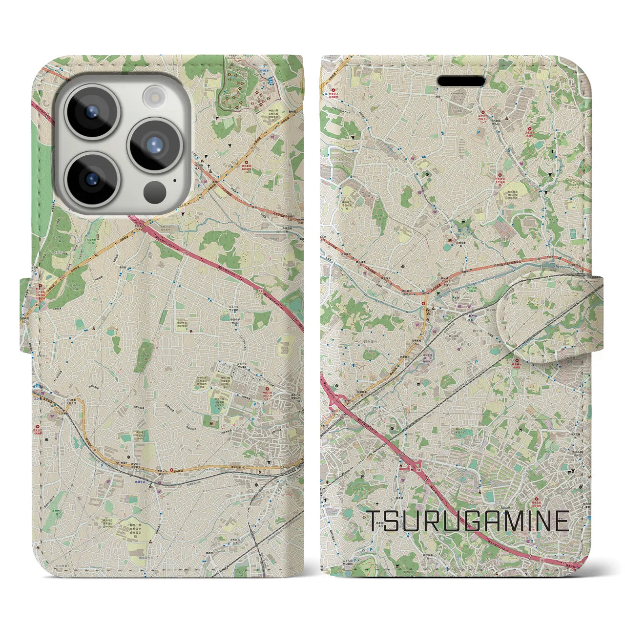 【鶴ヶ峰】地図柄iPhoneケース（手帳両面タイプ・ナチュラル）iPhone 15 Pro 用