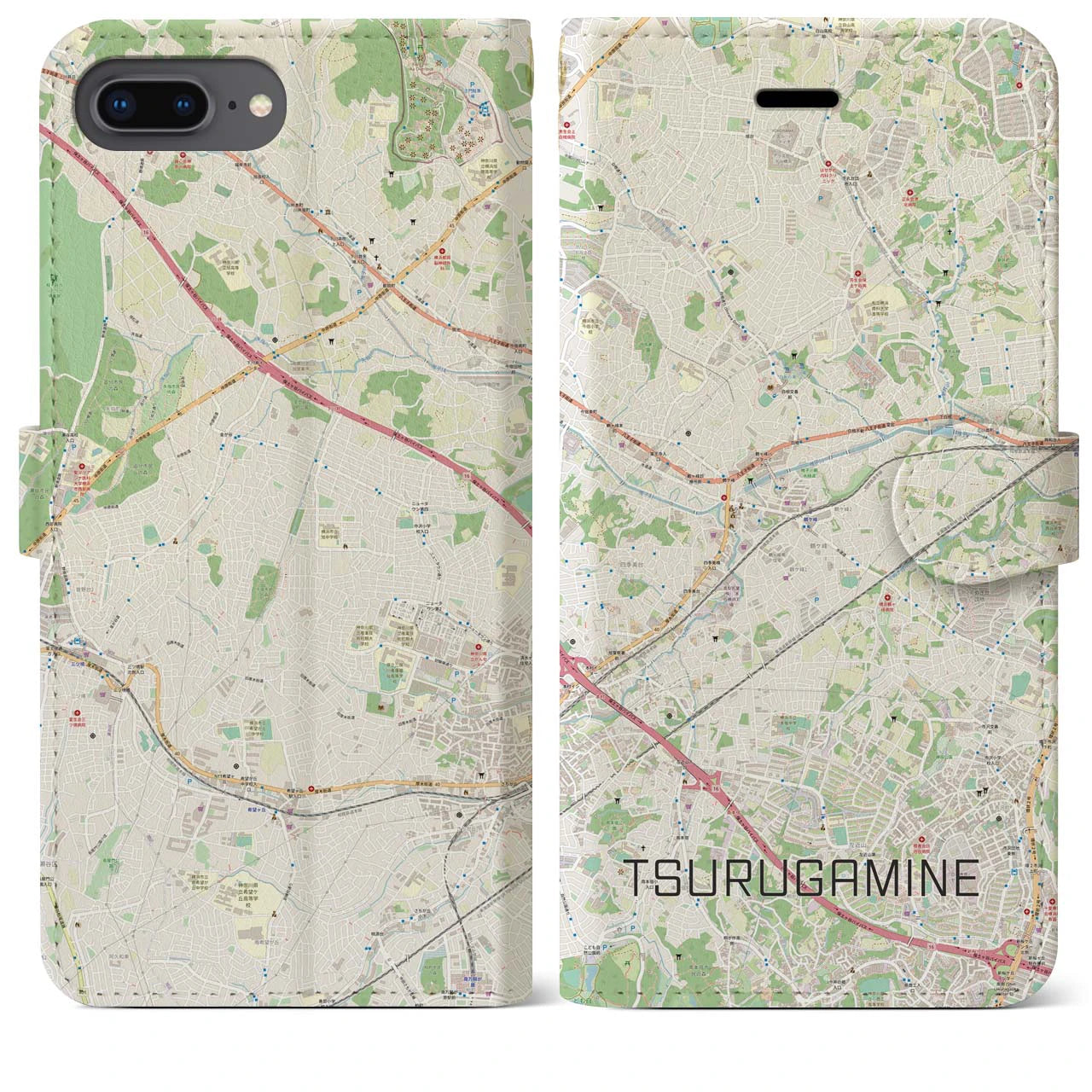 【鶴ヶ峰】地図柄iPhoneケース（手帳両面タイプ・ナチュラル）iPhone 8Plus /7Plus / 6sPlus / 6Plus 用