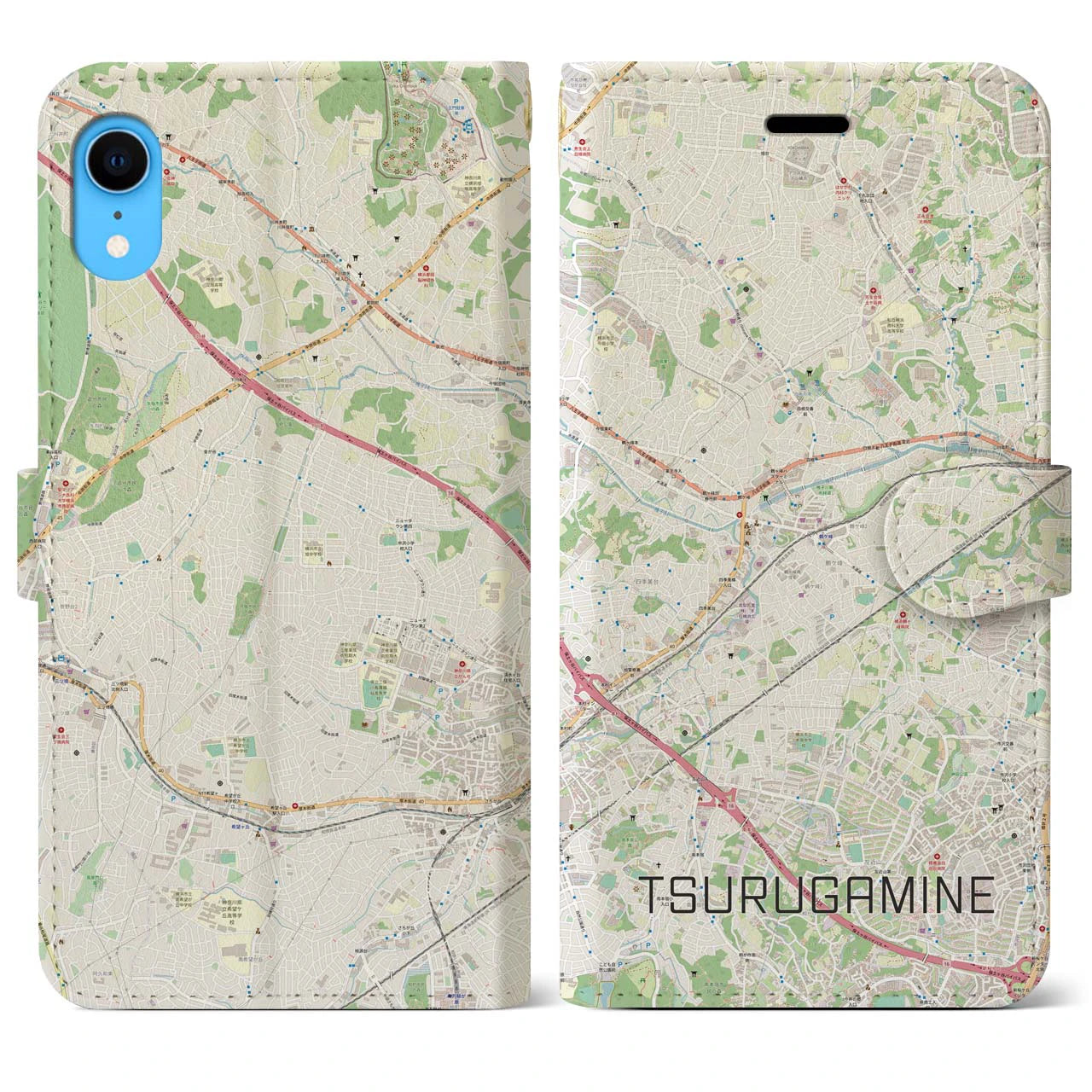 【鶴ヶ峰】地図柄iPhoneケース（手帳両面タイプ・ナチュラル）iPhone XR 用