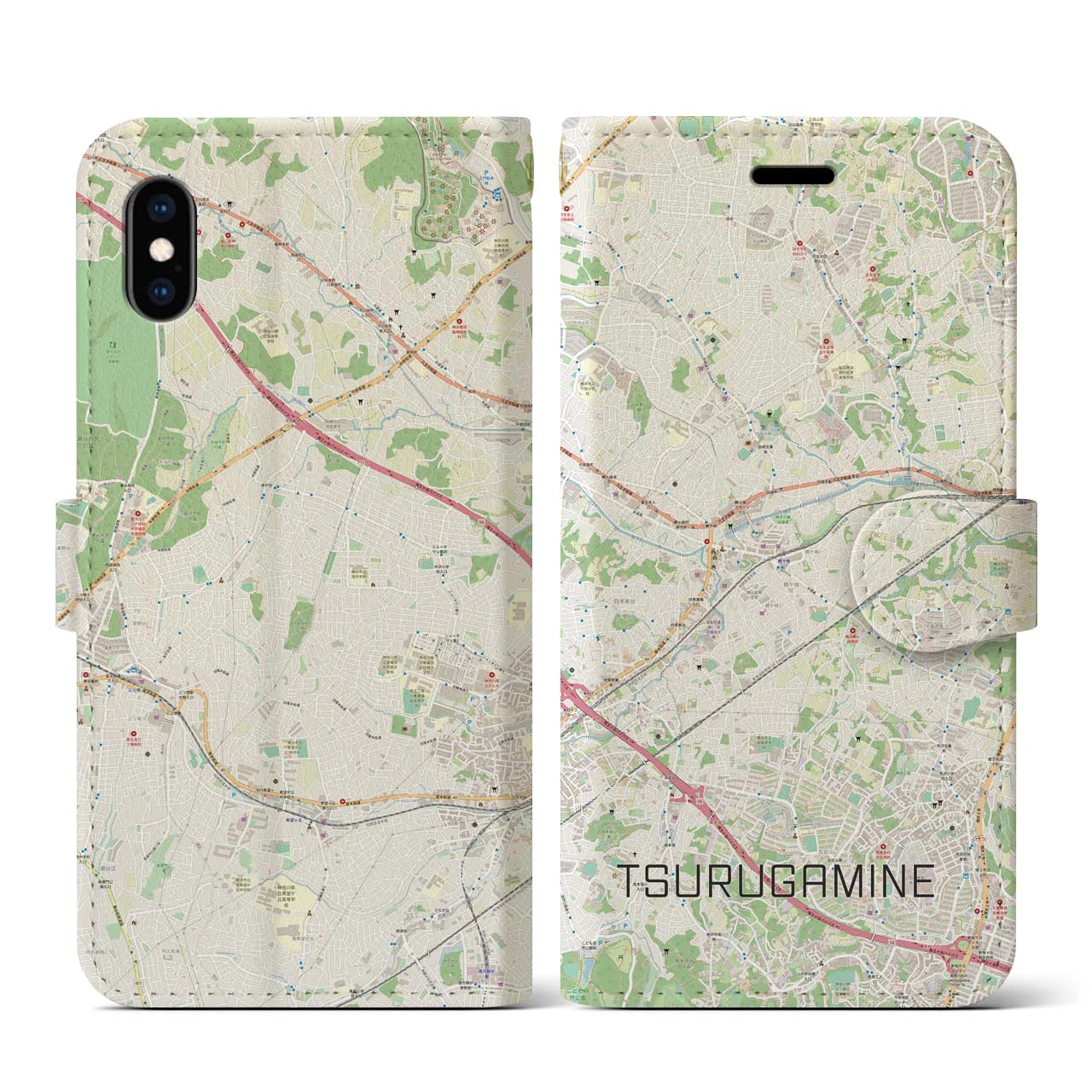 【鶴ヶ峰】地図柄iPhoneケース（手帳両面タイプ・ナチュラル）iPhone XS / X 用