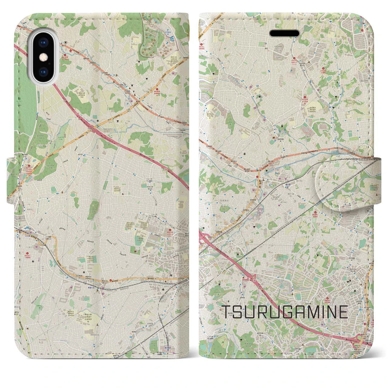 【鶴ヶ峰】地図柄iPhoneケース（手帳両面タイプ・ナチュラル）iPhone XS Max 用