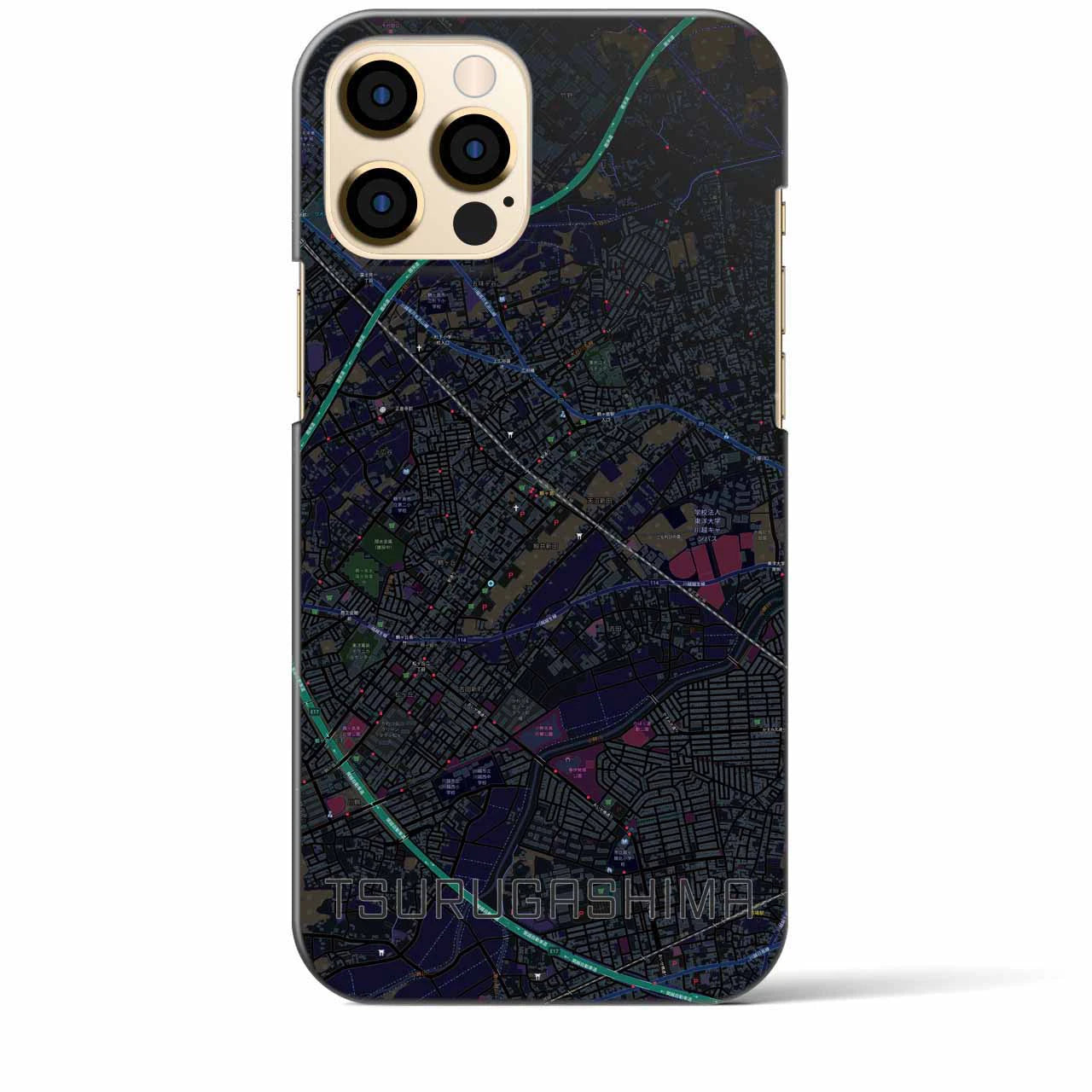 【鶴ヶ島】地図柄iPhoneケース（バックカバータイプ・ブラック）iPhone 12 Pro Max 用