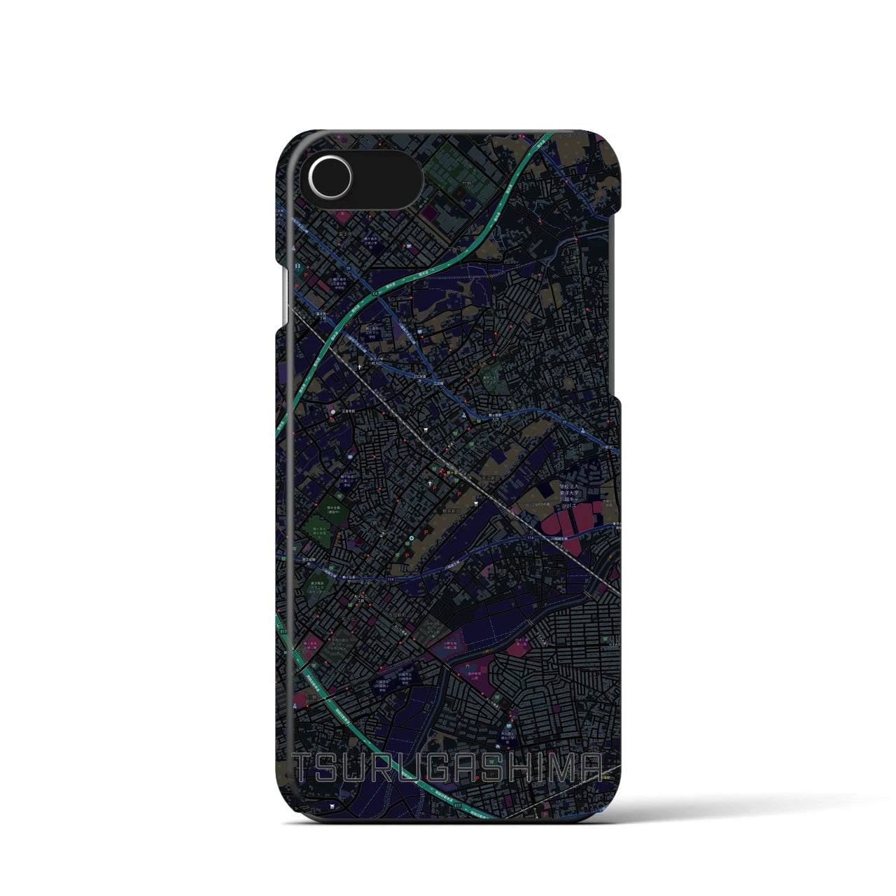 【鶴ヶ島】地図柄iPhoneケース（バックカバータイプ・ブラック）iPhone SE（第3 / 第2世代） / 8 / 7 / 6s / 6 用