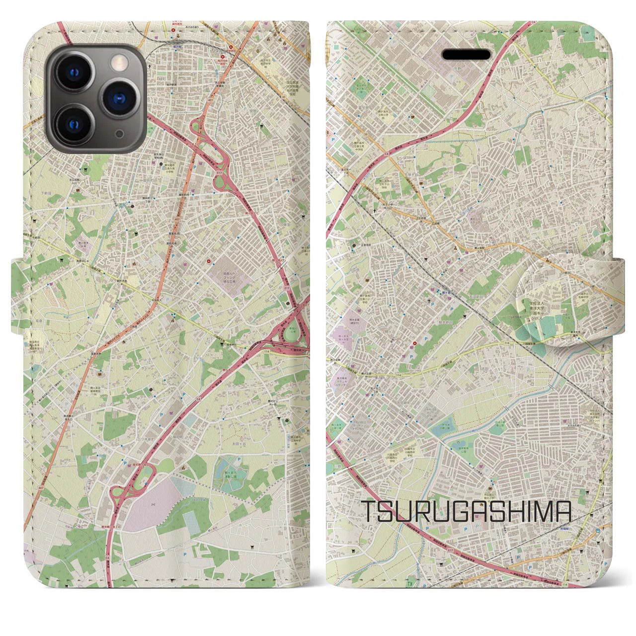 【鶴ヶ島】地図柄iPhoneケース（手帳両面タイプ・ナチュラル）iPhone 11 Pro Max 用
