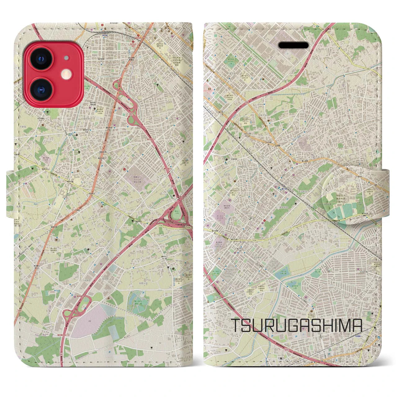 【鶴ヶ島】地図柄iPhoneケース（手帳両面タイプ・ナチュラル）iPhone 11 用