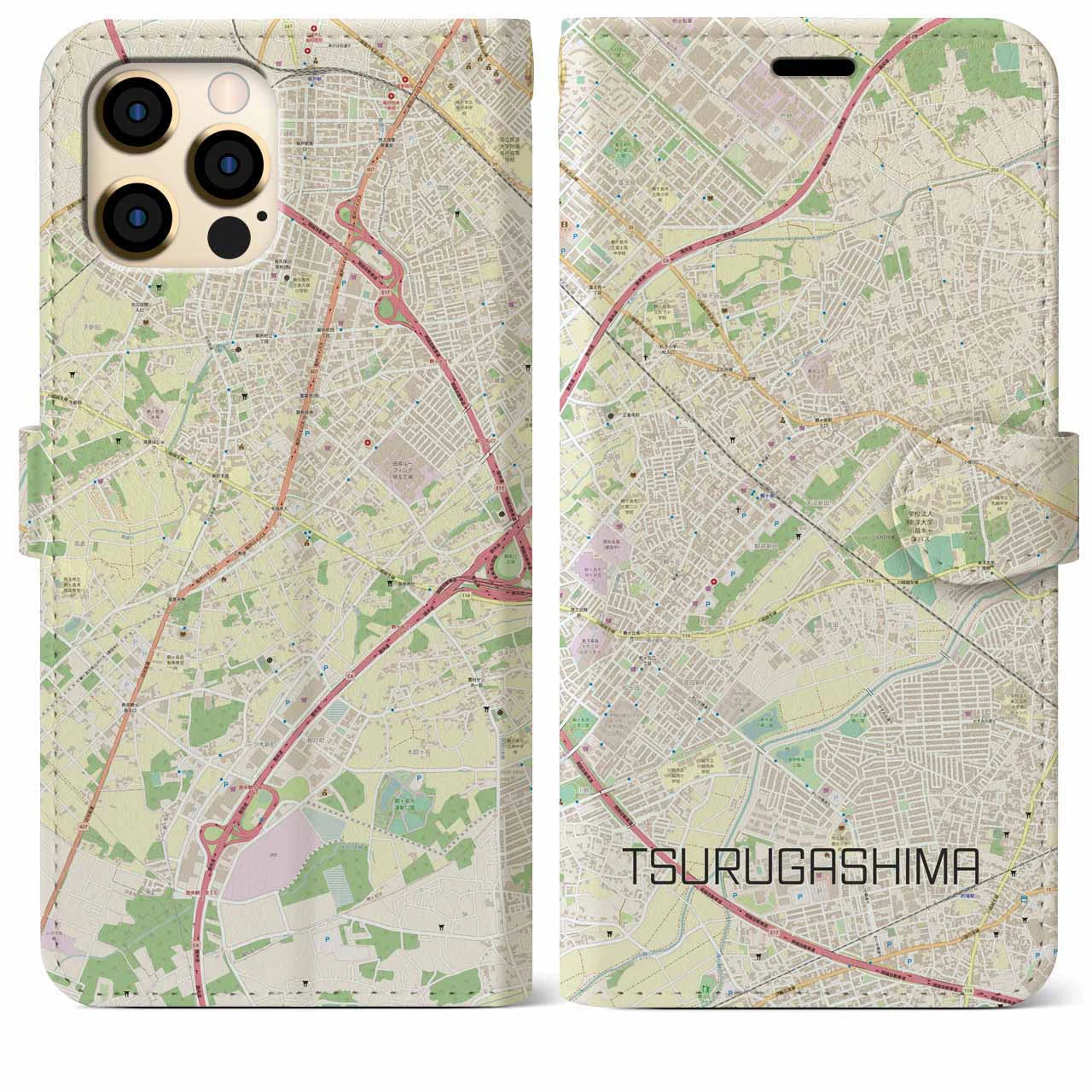 【鶴ヶ島】地図柄iPhoneケース（手帳両面タイプ・ナチュラル）iPhone 12 Pro Max 用