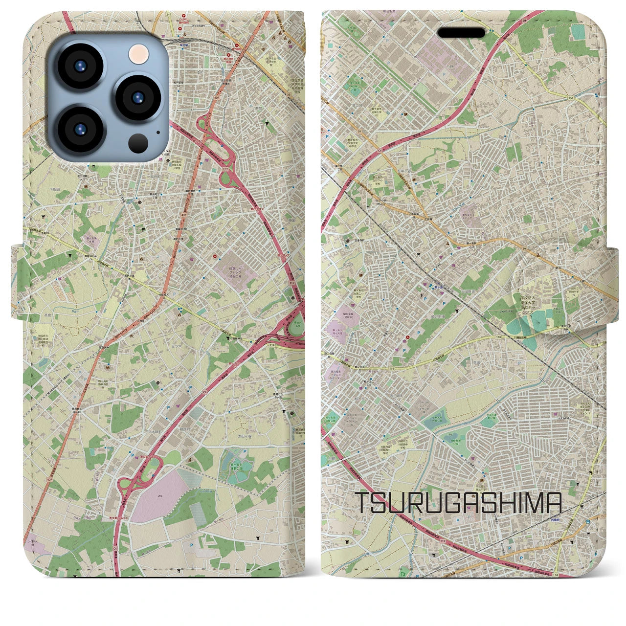 【鶴ヶ島】地図柄iPhoneケース（手帳両面タイプ・ナチュラル）iPhone 13 Pro Max 用