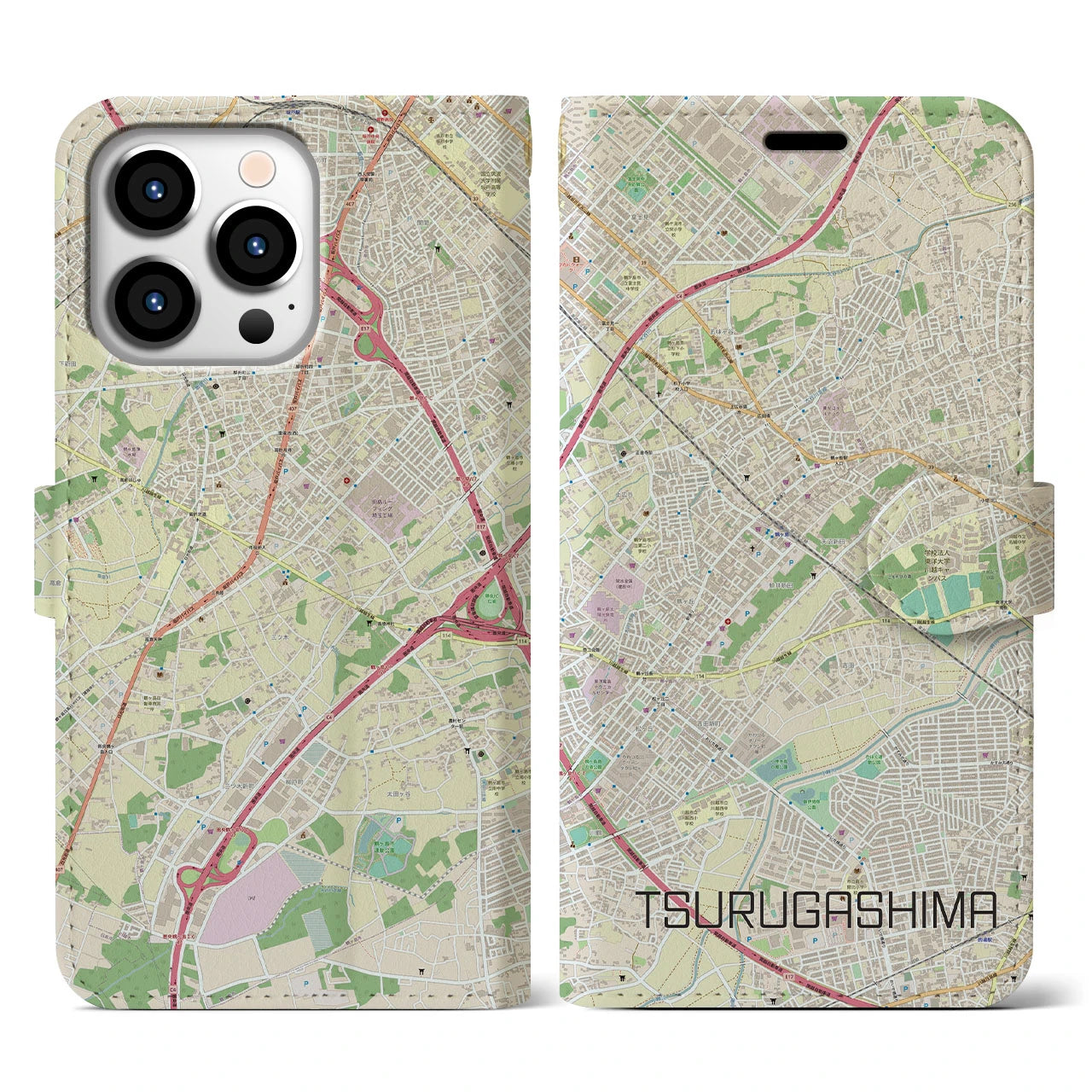 【鶴ヶ島】地図柄iPhoneケース（手帳両面タイプ・ナチュラル）iPhone 13 Pro 用