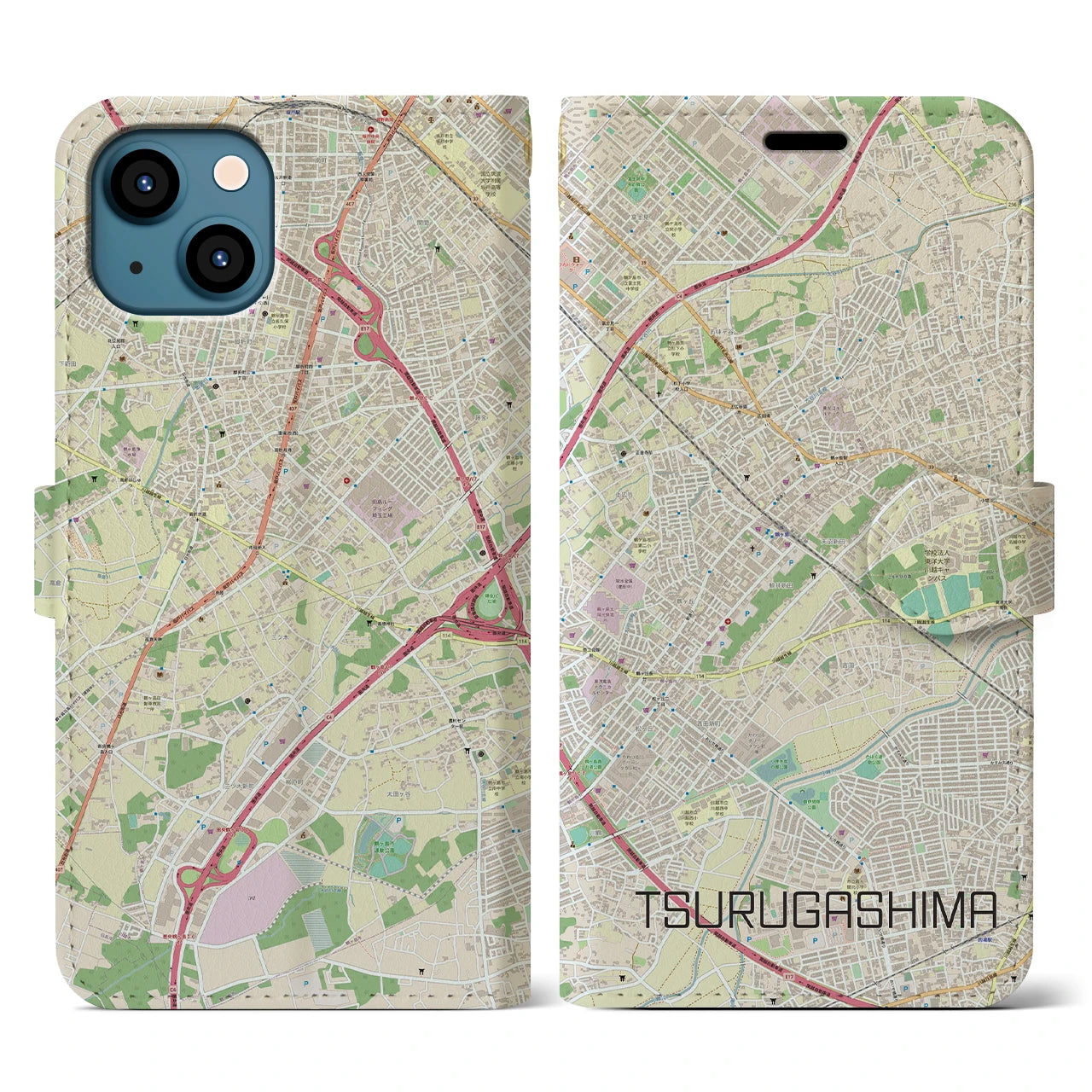 【鶴ヶ島】地図柄iPhoneケース（手帳両面タイプ・ナチュラル）iPhone 13 用