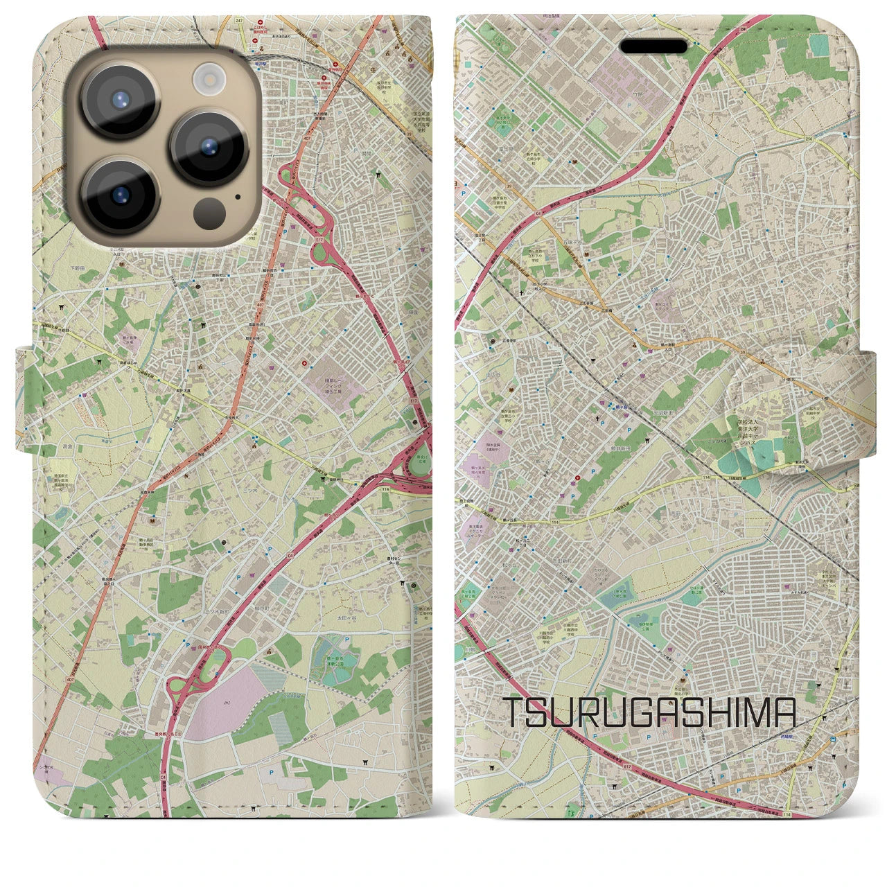 【鶴ヶ島】地図柄iPhoneケース（手帳両面タイプ・ナチュラル）iPhone 14 Pro Max 用