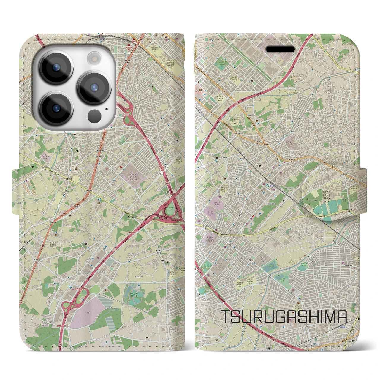 【鶴ヶ島】地図柄iPhoneケース（手帳両面タイプ・ナチュラル）iPhone 14 Pro 用