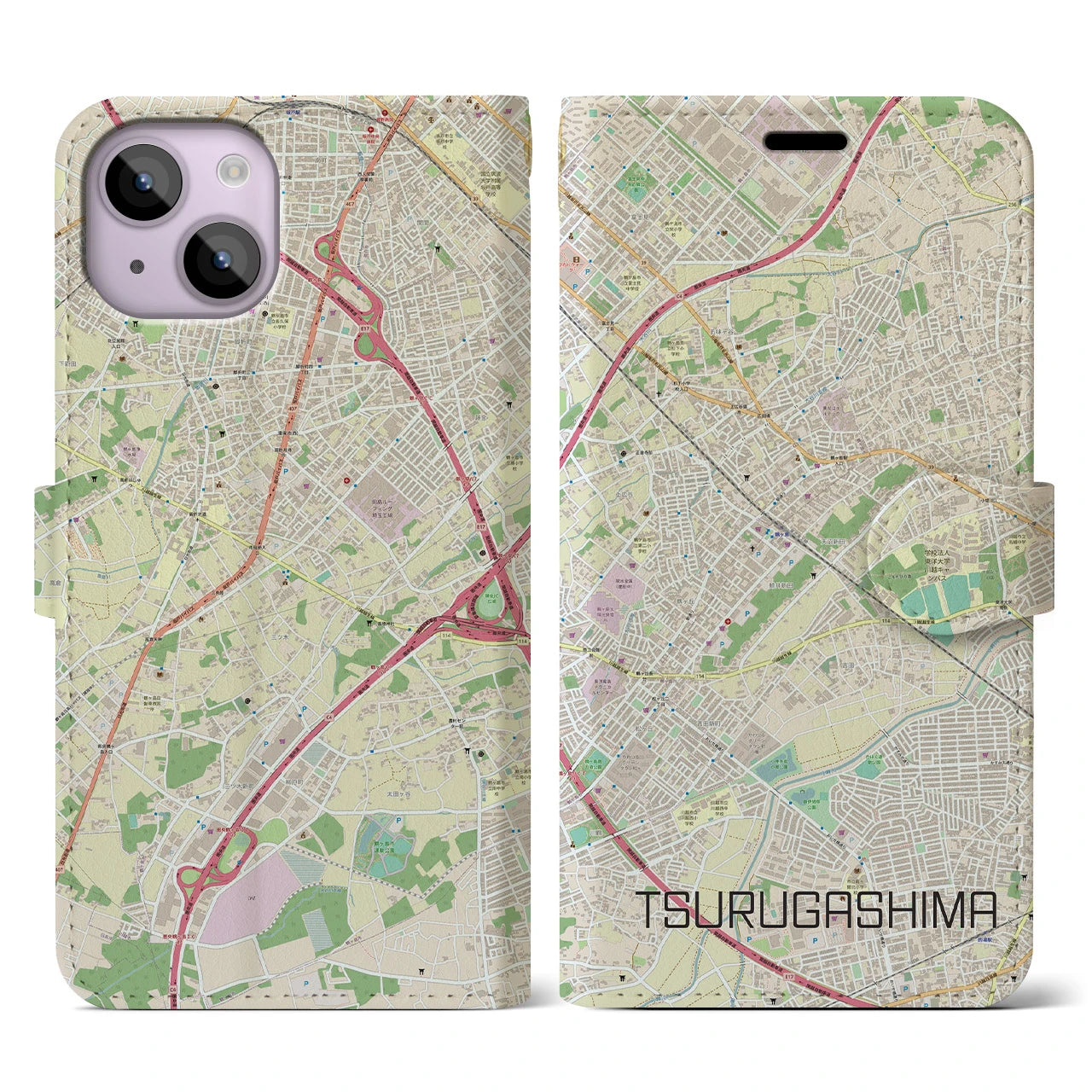 【鶴ヶ島】地図柄iPhoneケース（手帳両面タイプ・ナチュラル）iPhone 14 用