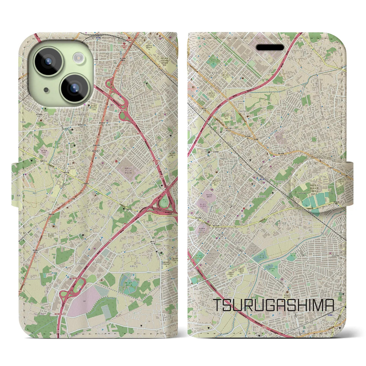 【鶴ヶ島】地図柄iPhoneケース（手帳両面タイプ・ナチュラル）iPhone 15 用