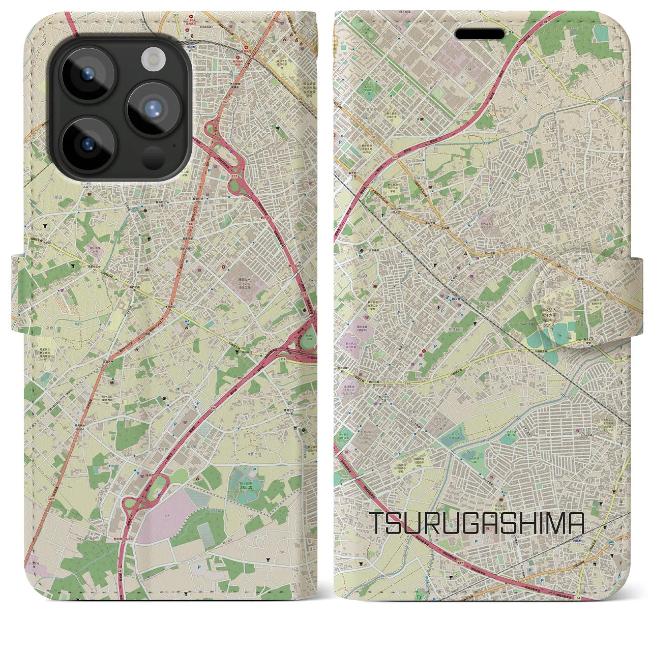【鶴ヶ島】地図柄iPhoneケース（手帳両面タイプ・ナチュラル）iPhone 15 Pro Max 用