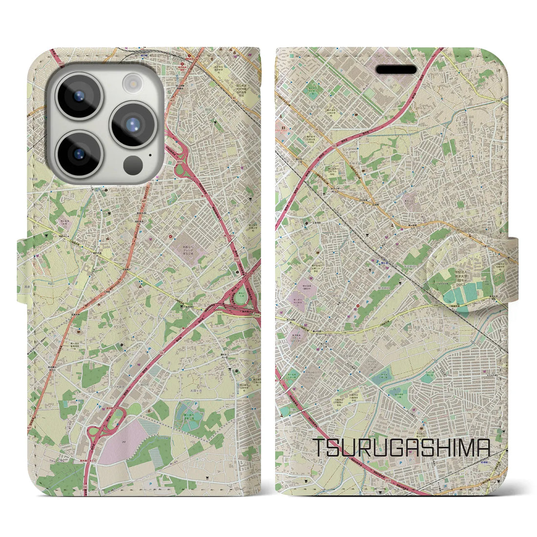 【鶴ヶ島】地図柄iPhoneケース（手帳両面タイプ・ナチュラル）iPhone 15 Pro 用