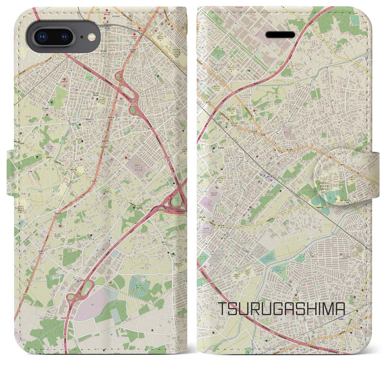 【鶴ヶ島】地図柄iPhoneケース（手帳両面タイプ・ナチュラル）iPhone 8Plus /7Plus / 6sPlus / 6Plus 用