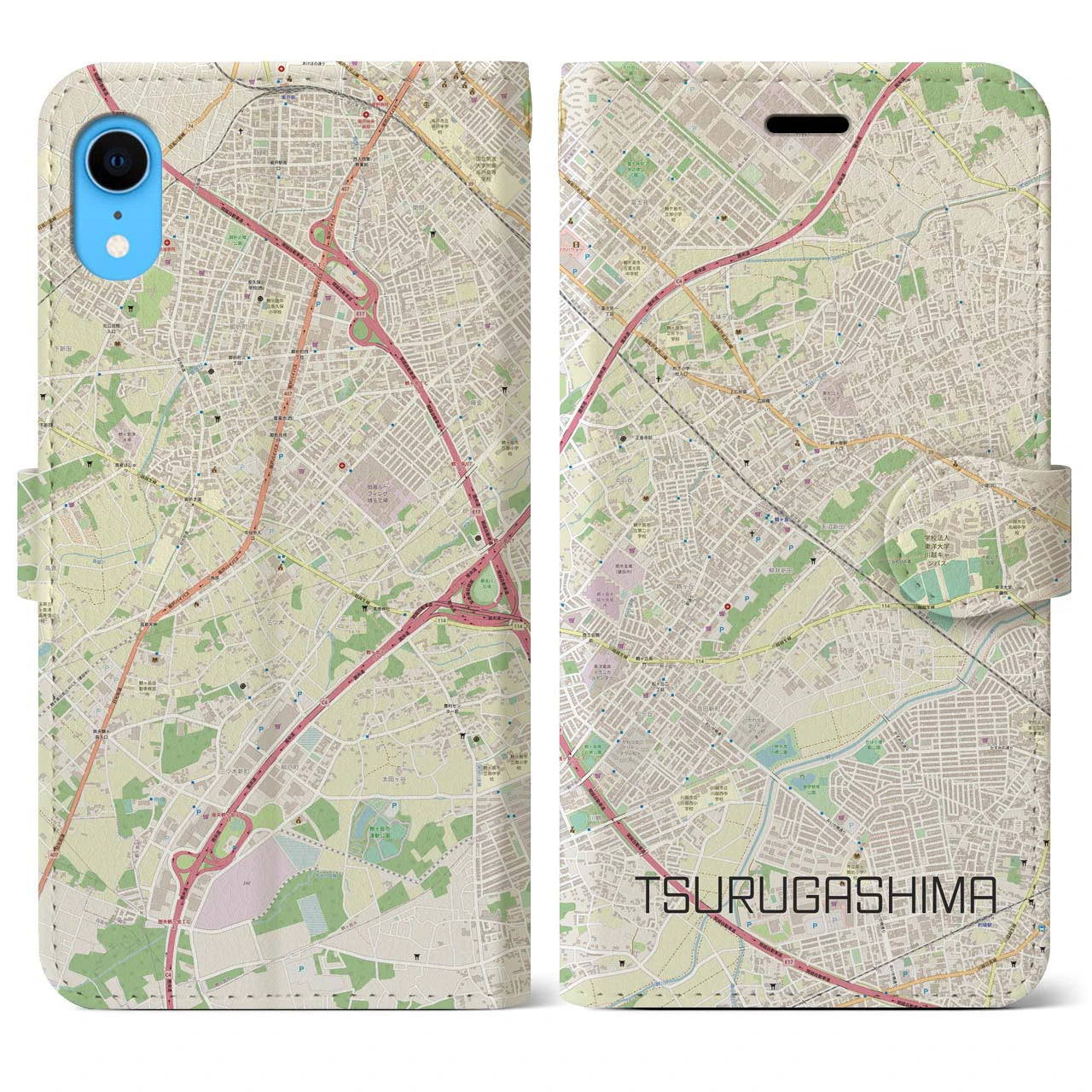 【鶴ヶ島】地図柄iPhoneケース（手帳両面タイプ・ナチュラル）iPhone XR 用