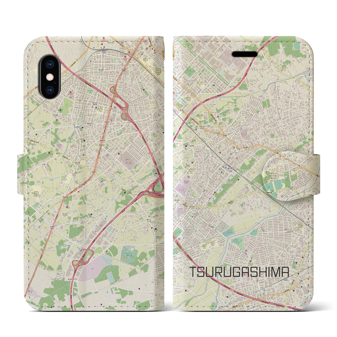 【鶴ヶ島】地図柄iPhoneケース（手帳両面タイプ・ナチュラル）iPhone XS / X 用