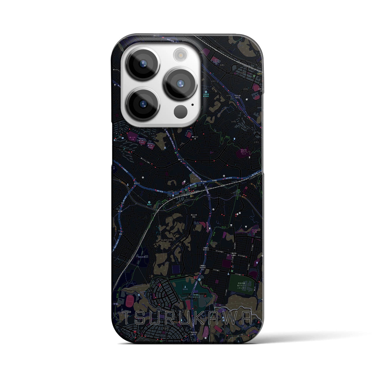 【鶴川】地図柄iPhoneケース（バックカバータイプ・ブラック）iPhone 14 Pro 用