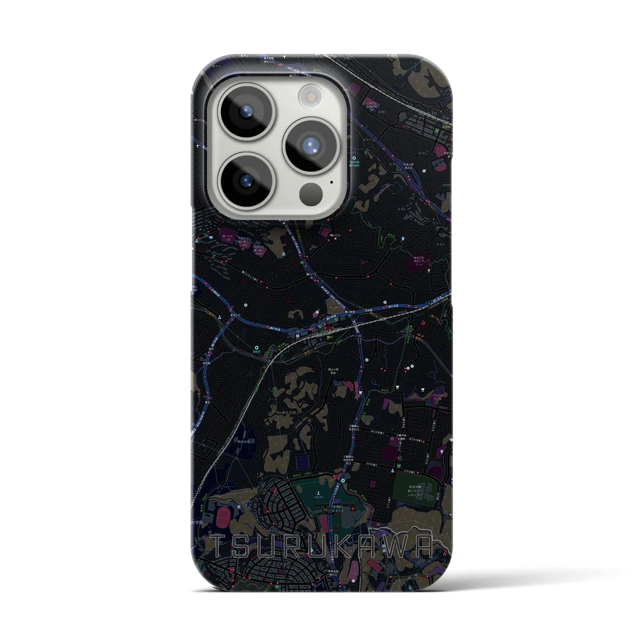 【鶴川】地図柄iPhoneケース（バックカバータイプ・ブラック）iPhone 15 Pro 用