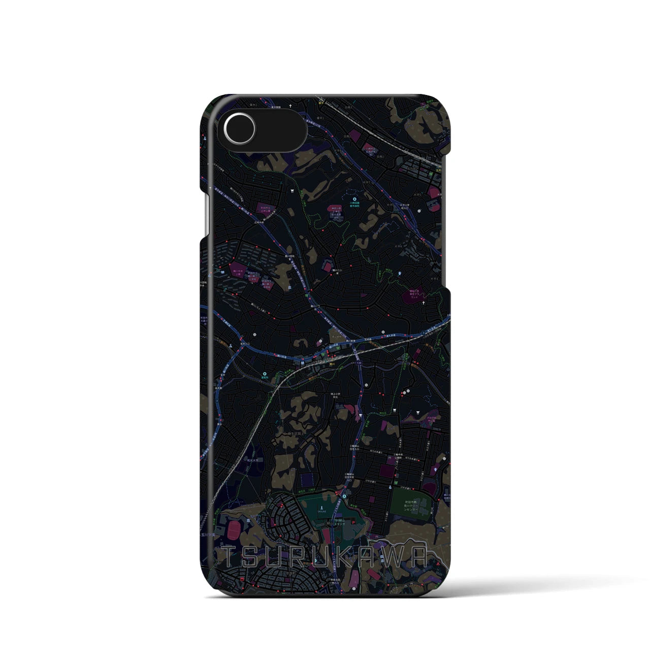 【鶴川】地図柄iPhoneケース（バックカバータイプ・ブラック）iPhone SE（第3 / 第2世代） / 8 / 7 / 6s / 6 用