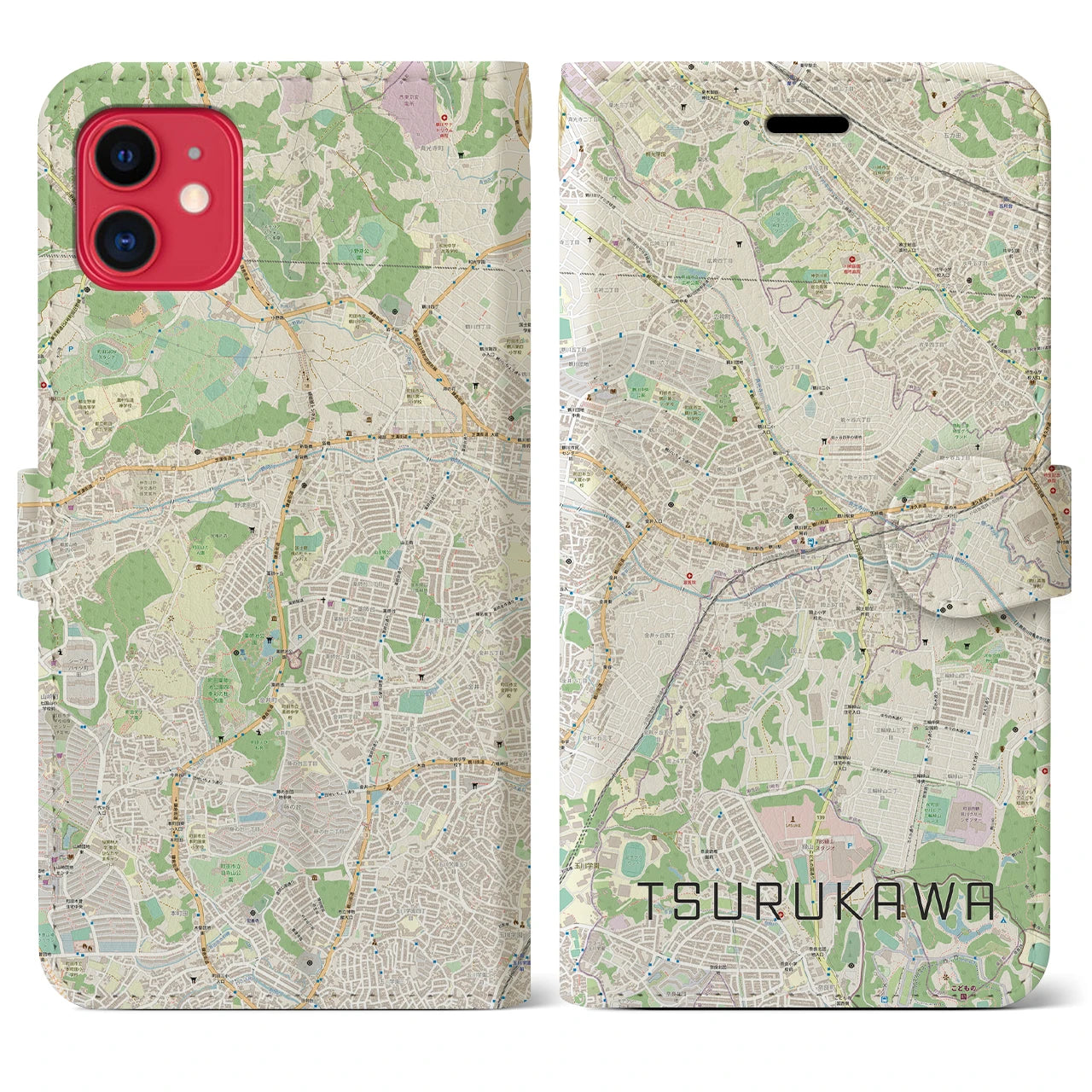 【鶴川】地図柄iPhoneケース（手帳両面タイプ・ナチュラル）iPhone 11 用