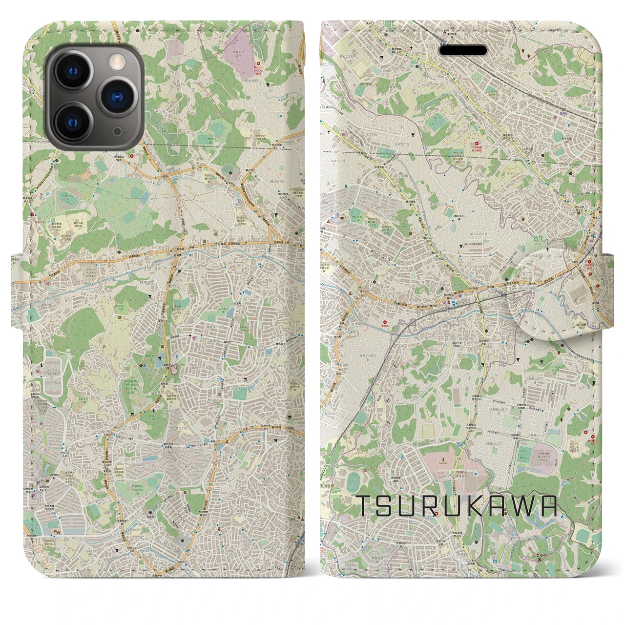 【鶴川】地図柄iPhoneケース（手帳両面タイプ・ナチュラル）iPhone 11 Pro Max 用