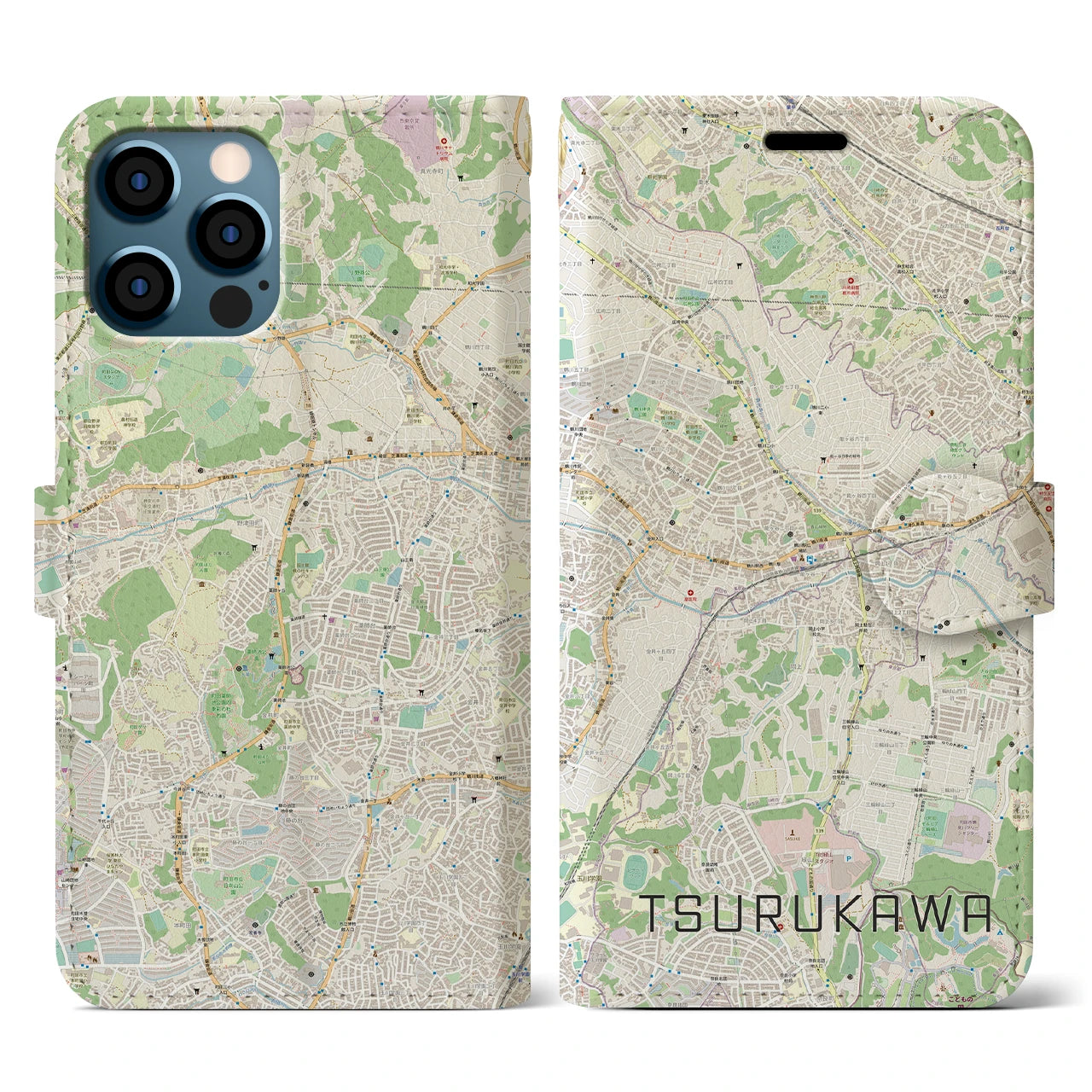 【鶴川】地図柄iPhoneケース（手帳両面タイプ・ナチュラル）iPhone 12 / 12 Pro 用