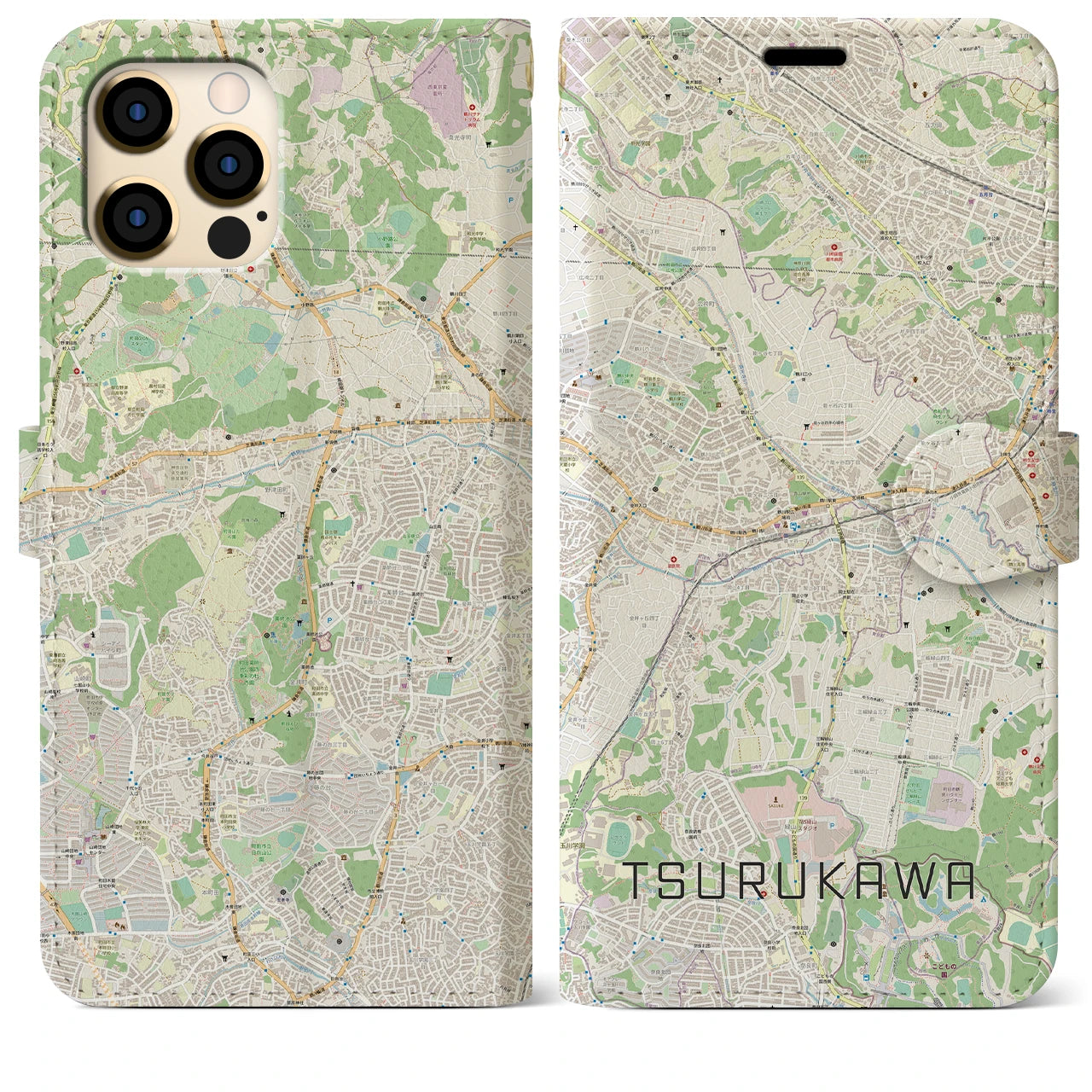 【鶴川】地図柄iPhoneケース（手帳両面タイプ・ナチュラル）iPhone 12 Pro Max 用