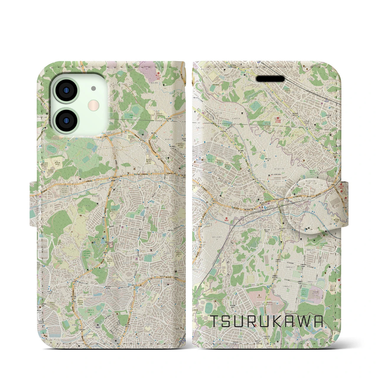【鶴川】地図柄iPhoneケース（手帳両面タイプ・ナチュラル）iPhone 12 mini 用
