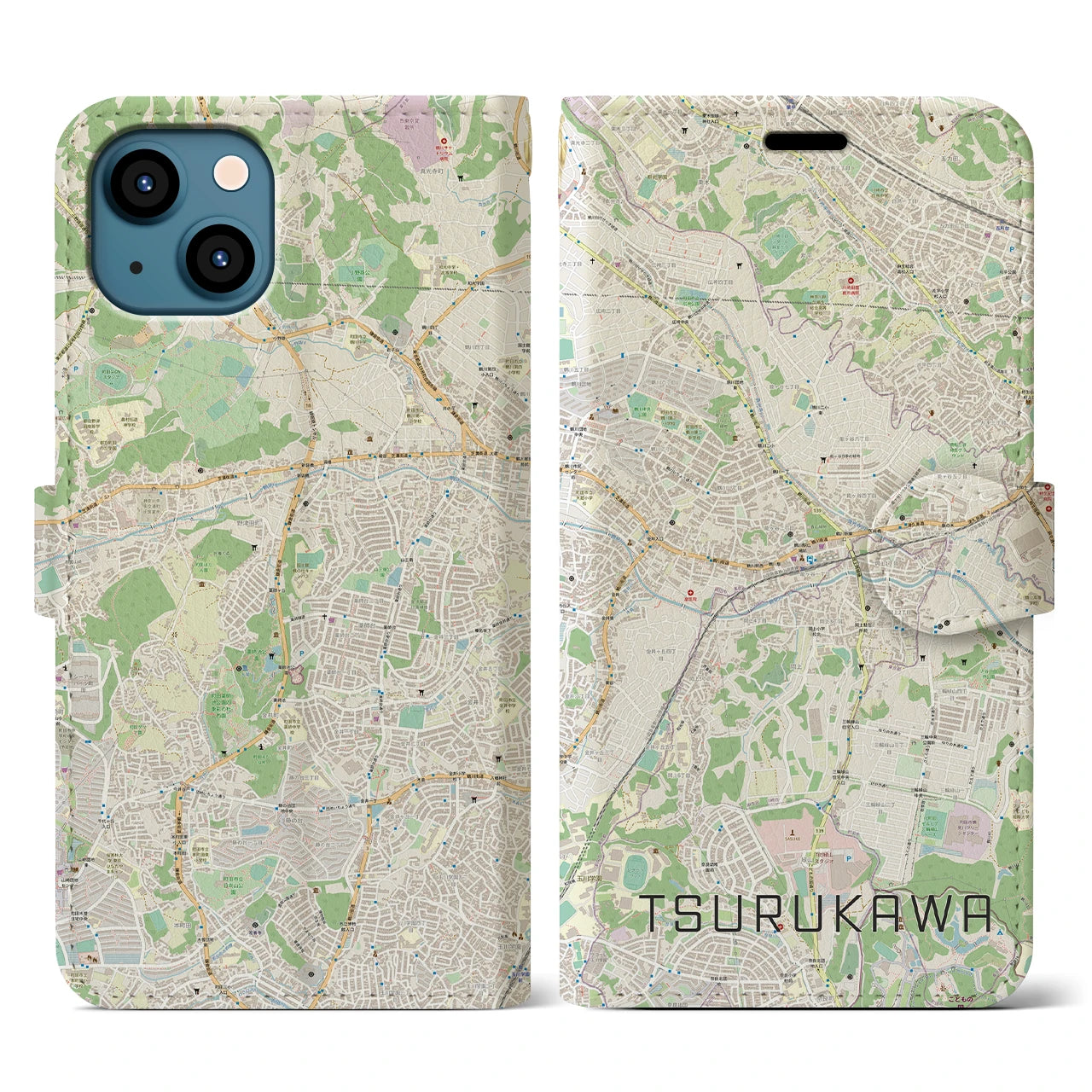 【鶴川】地図柄iPhoneケース（手帳両面タイプ・ナチュラル）iPhone 13 用