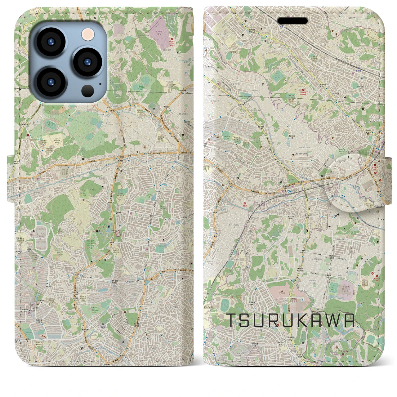 【鶴川】地図柄iPhoneケース（手帳両面タイプ・ナチュラル）iPhone 13 Pro Max 用