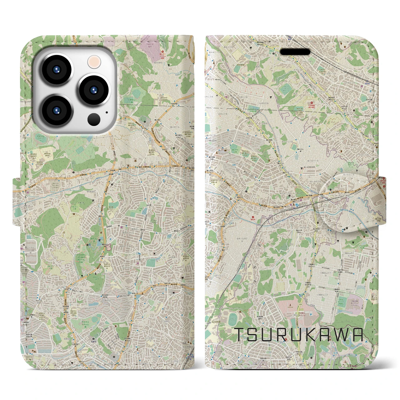 【鶴川】地図柄iPhoneケース（手帳両面タイプ・ナチュラル）iPhone 13 Pro 用