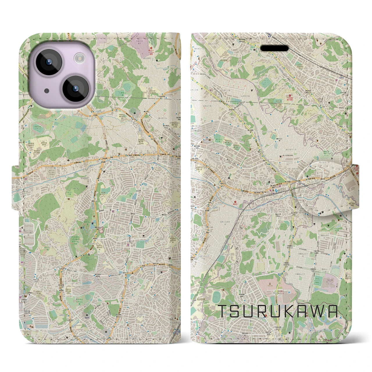 【鶴川】地図柄iPhoneケース（手帳両面タイプ・ナチュラル）iPhone 14 用