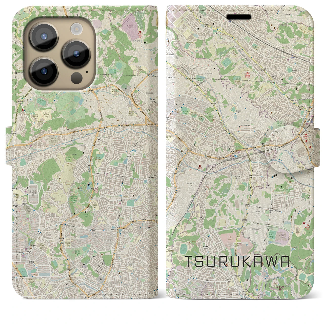 【鶴川】地図柄iPhoneケース（手帳両面タイプ・ナチュラル）iPhone 14 Pro Max 用