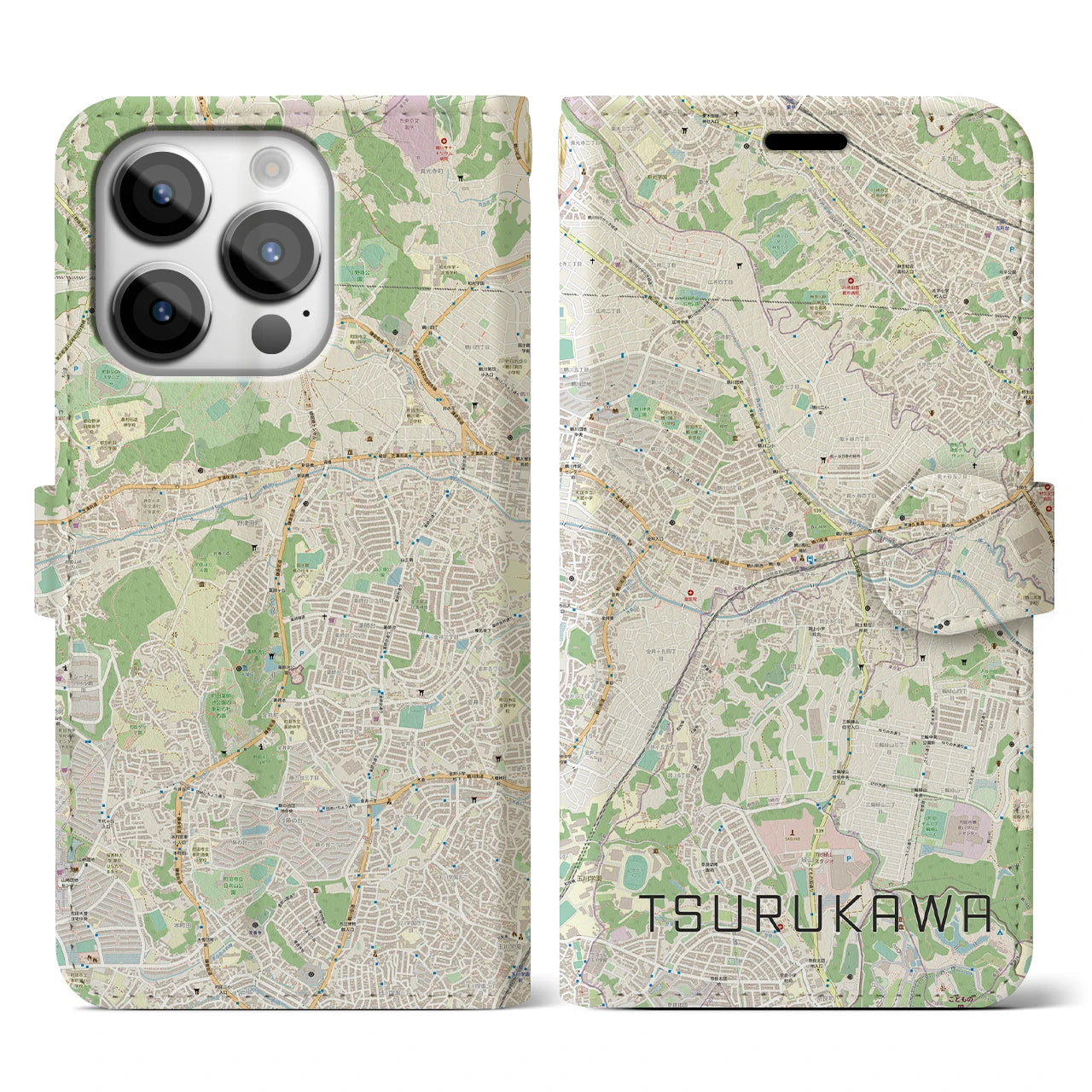 【鶴川】地図柄iPhoneケース（手帳両面タイプ・ナチュラル）iPhone 14 Pro 用