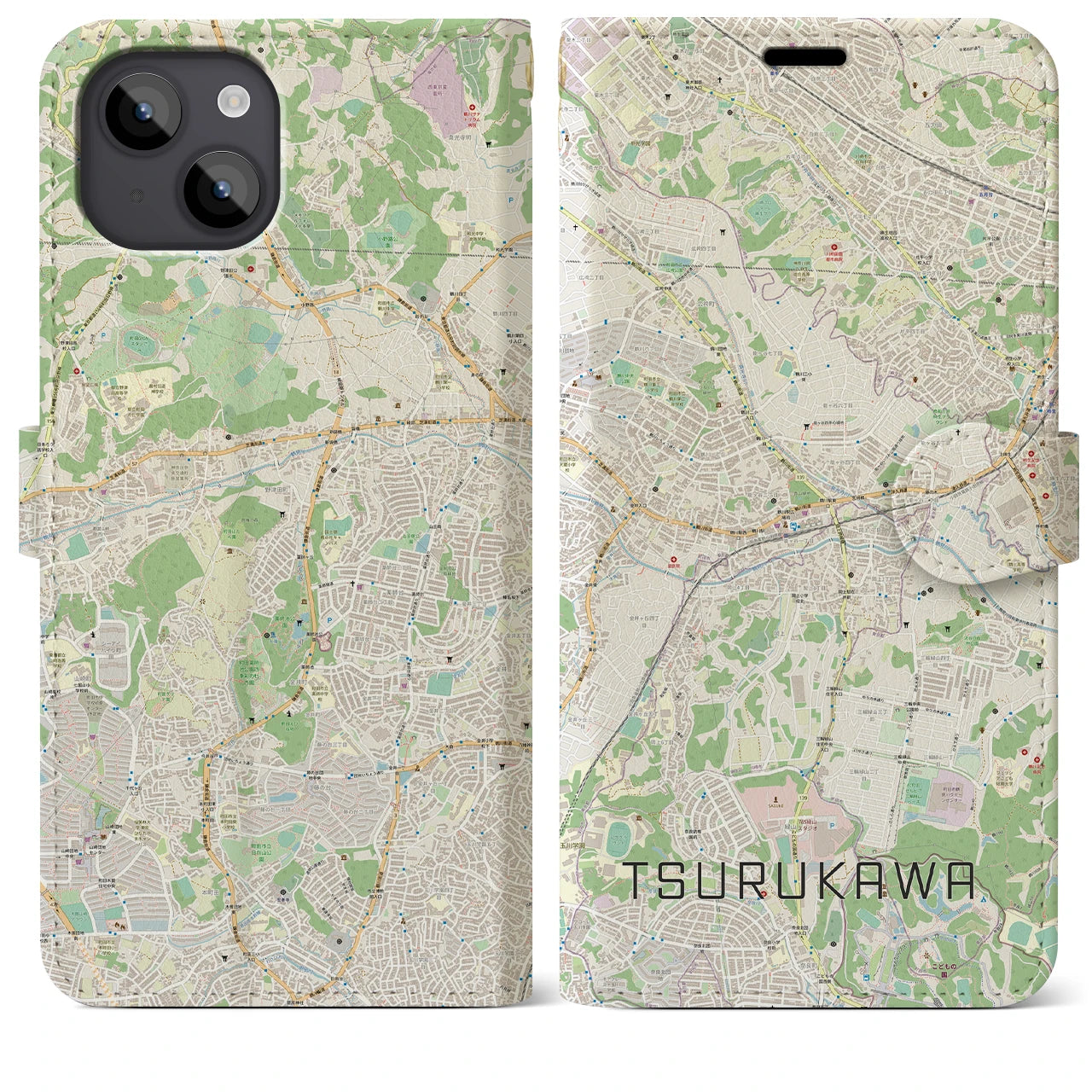 【鶴川】地図柄iPhoneケース（手帳両面タイプ・ナチュラル）iPhone 14 Plus 用