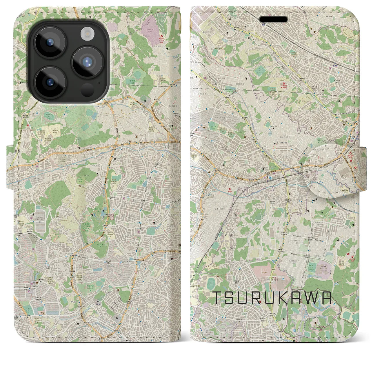 【鶴川】地図柄iPhoneケース（手帳両面タイプ・ナチュラル）iPhone 15 Pro Max 用