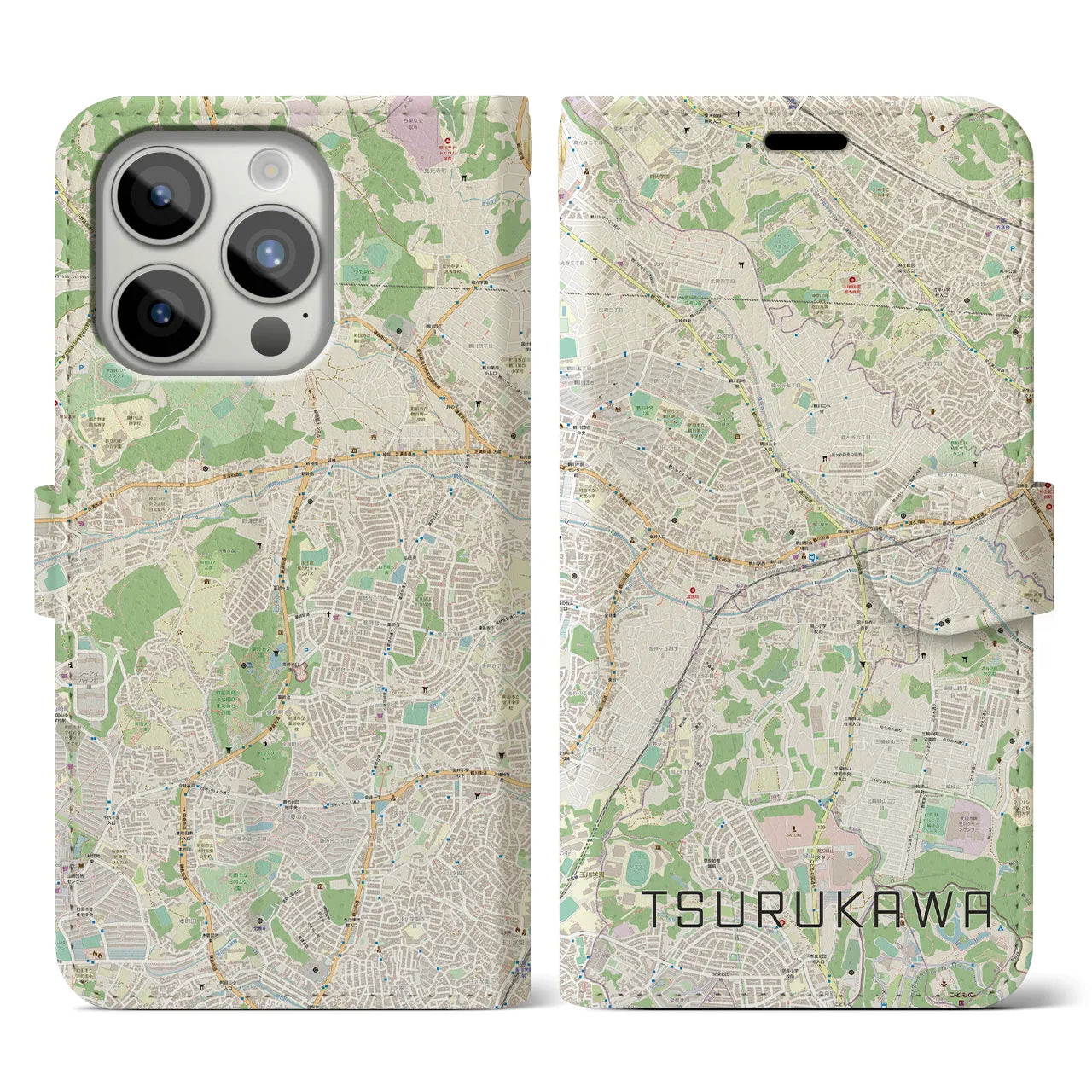 【鶴川】地図柄iPhoneケース（手帳両面タイプ・ナチュラル）iPhone 15 Pro 用