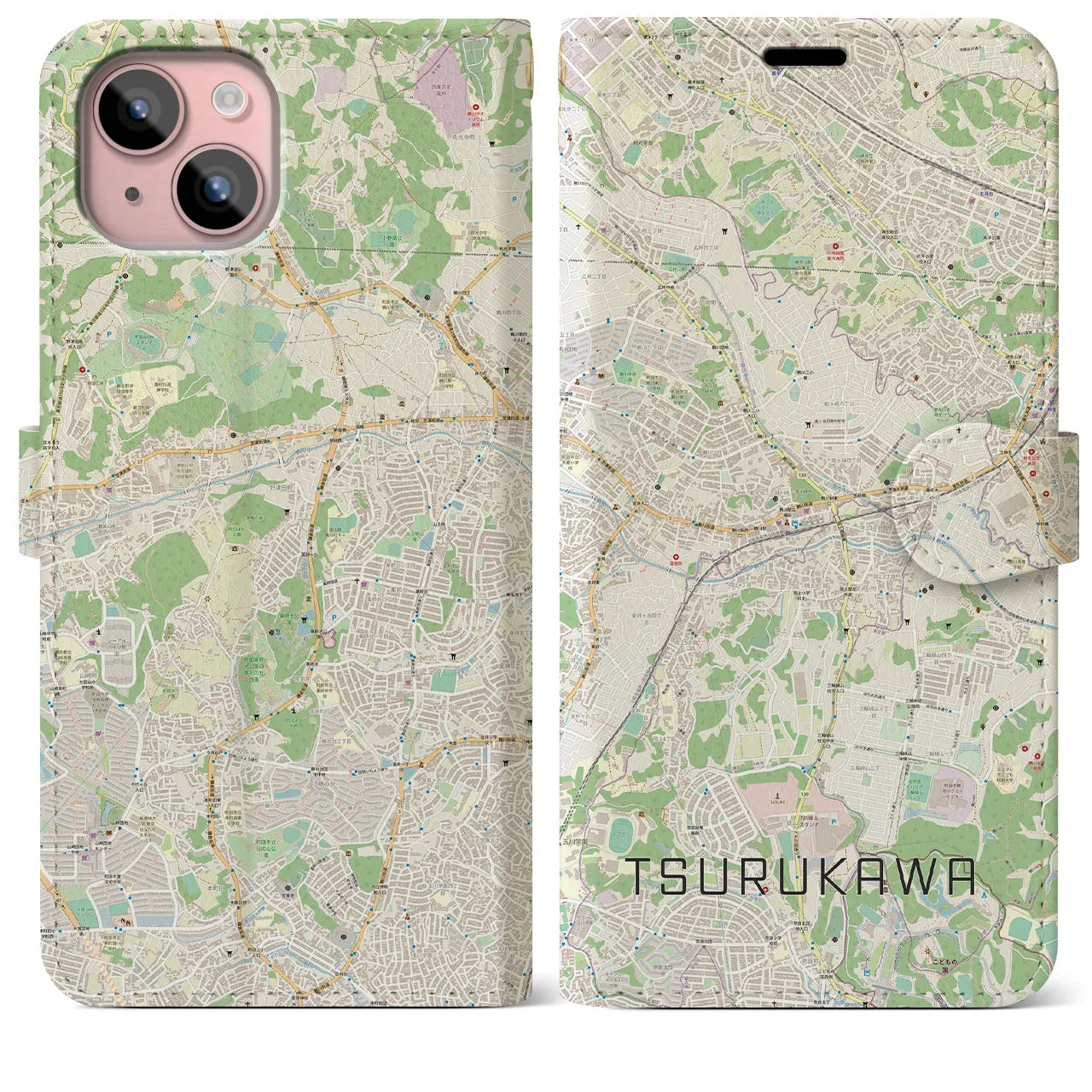 【鶴川】地図柄iPhoneケース（手帳両面タイプ・ナチュラル）iPhone 15 Plus 用