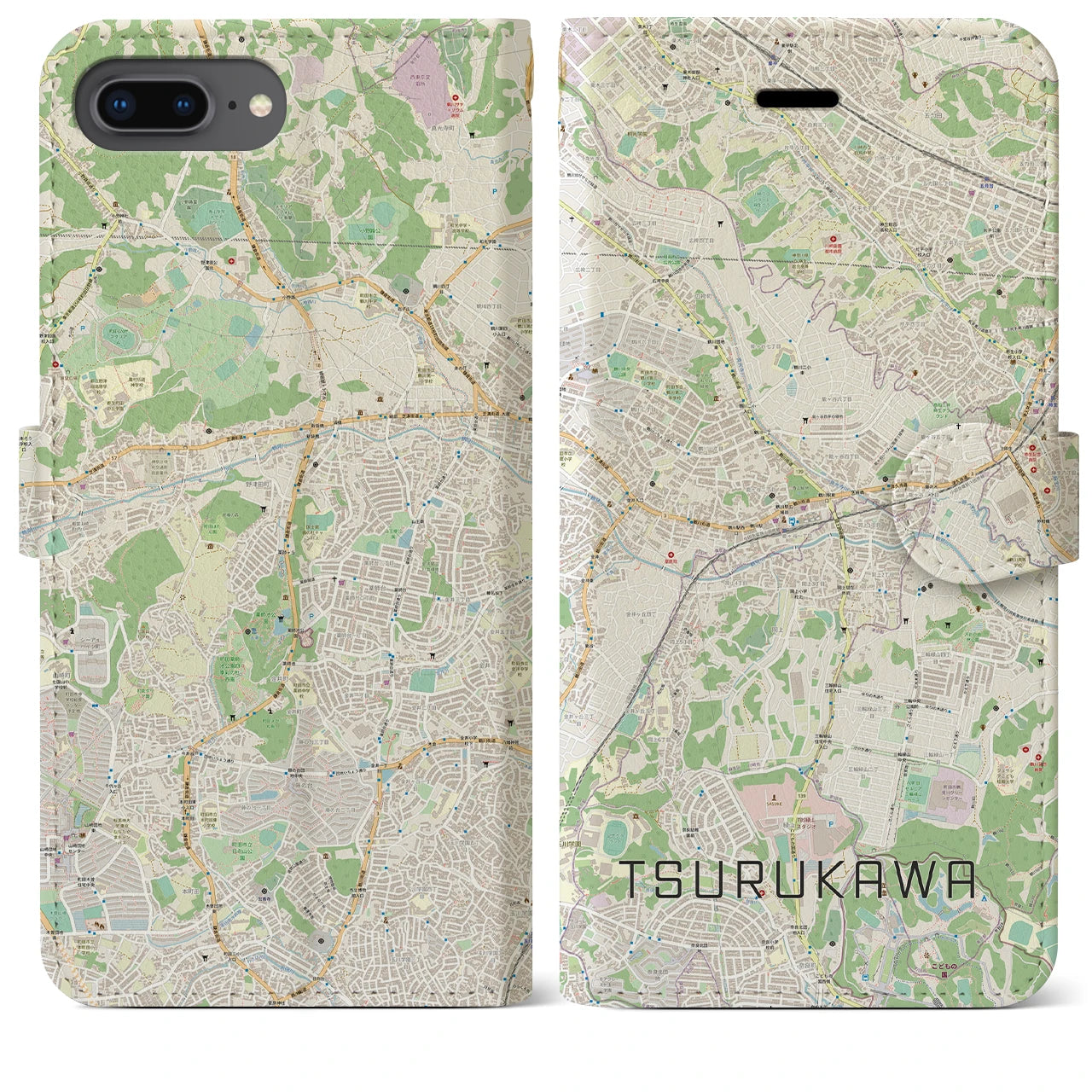 【鶴川】地図柄iPhoneケース（手帳両面タイプ・ナチュラル）iPhone 8Plus /7Plus / 6sPlus / 6Plus 用