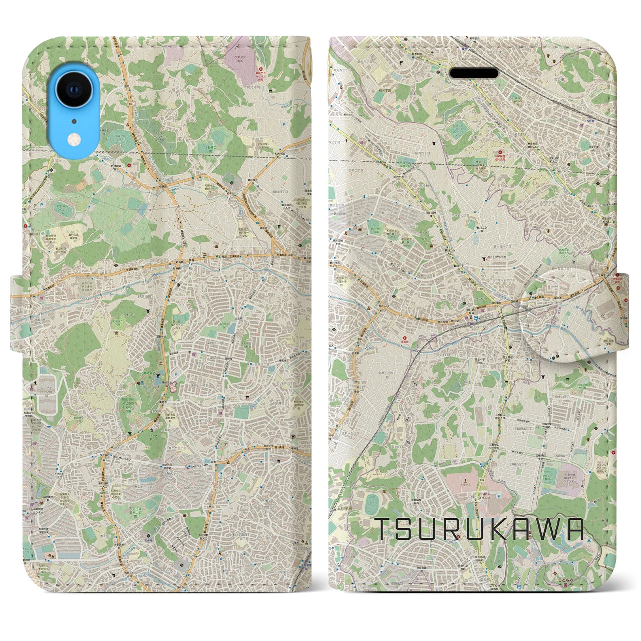 【鶴川】地図柄iPhoneケース（手帳両面タイプ・ナチュラル）iPhone XR 用