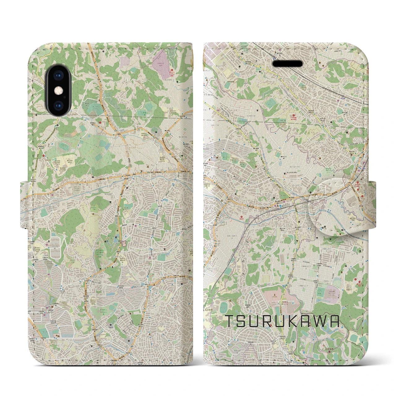 【鶴川】地図柄iPhoneケース（手帳両面タイプ・ナチュラル）iPhone XS / X 用