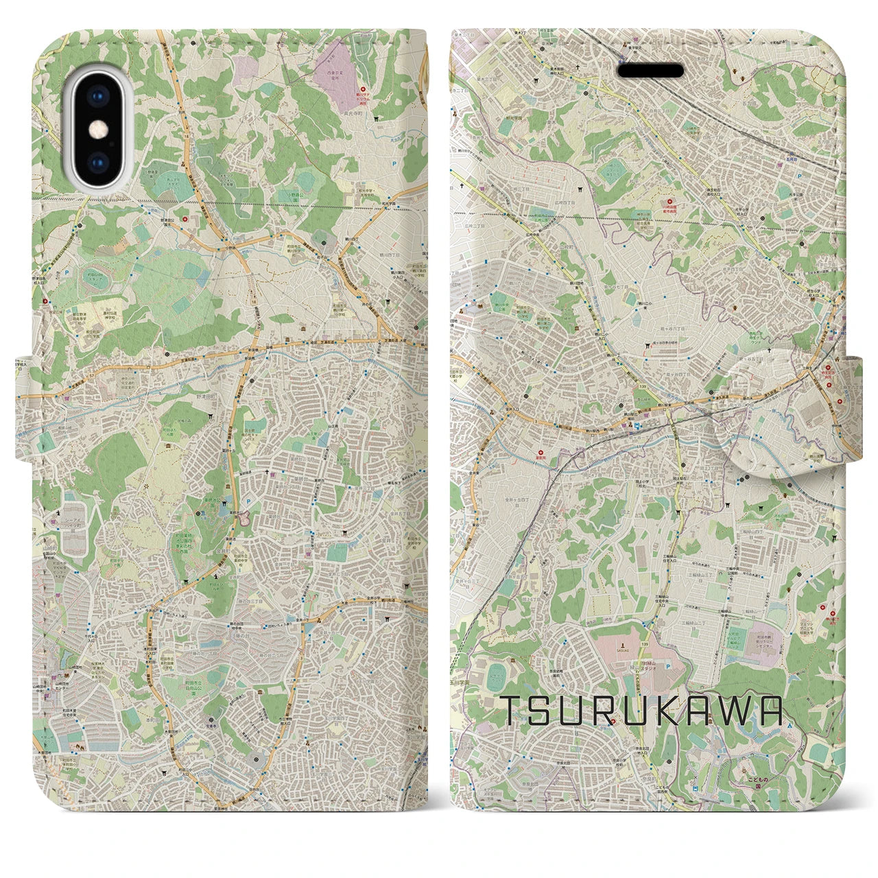【鶴川】地図柄iPhoneケース（手帳両面タイプ・ナチュラル）iPhone XS Max 用