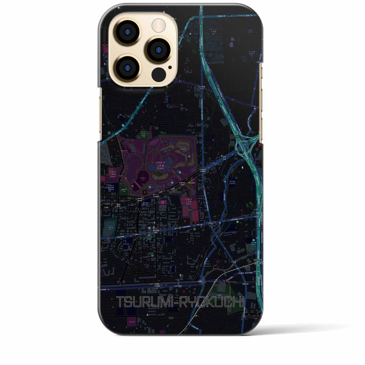 【鶴見緑地】地図柄iPhoneケース（バックカバータイプ・ブラック）iPhone 12 Pro Max 用