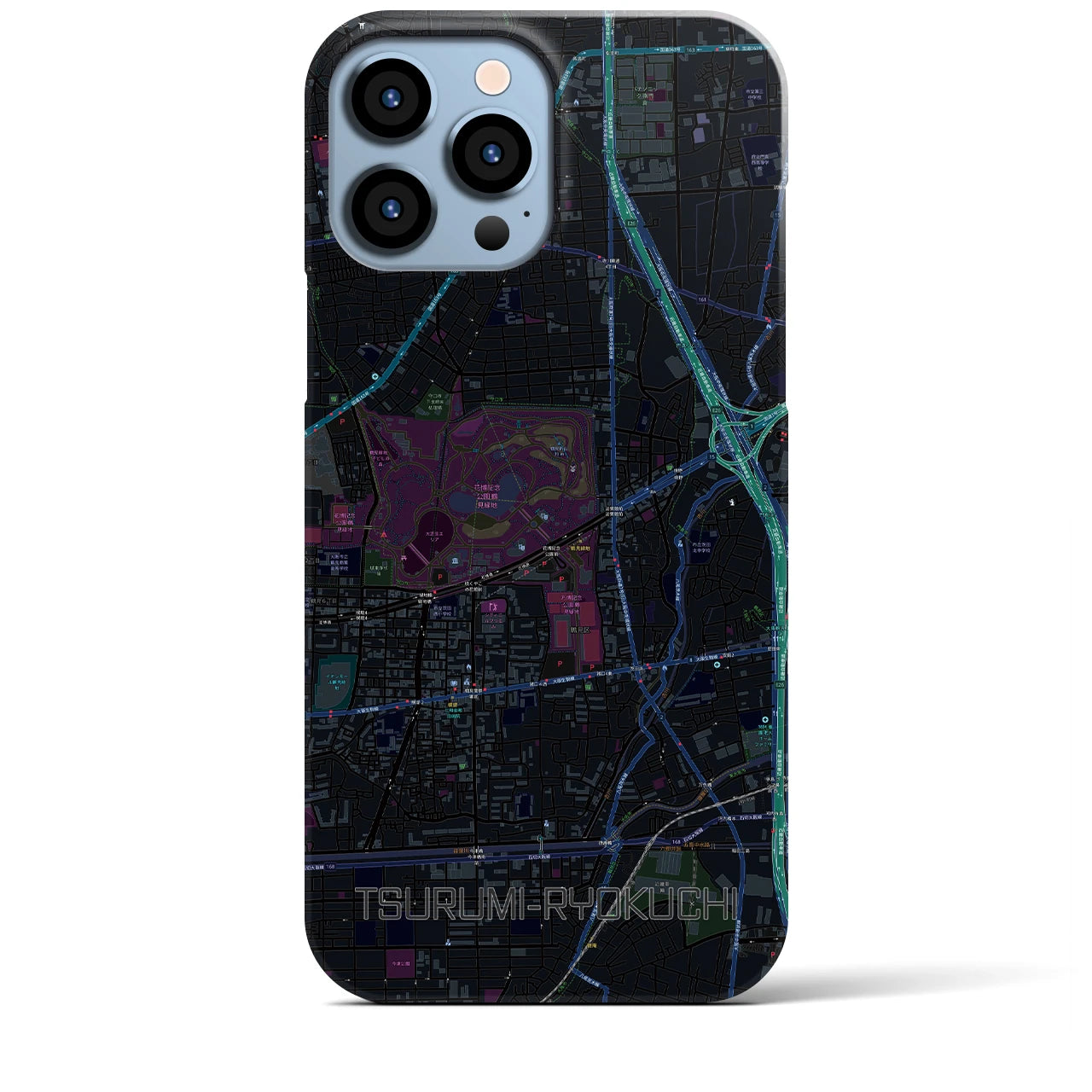 【鶴見緑地】地図柄iPhoneケース（バックカバータイプ・ブラック）iPhone 13 Pro Max 用