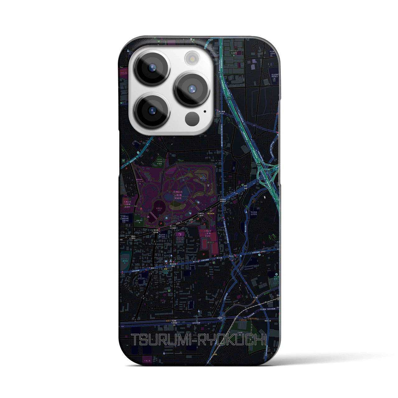 【鶴見緑地】地図柄iPhoneケース（バックカバータイプ・ブラック）iPhone 14 Pro 用