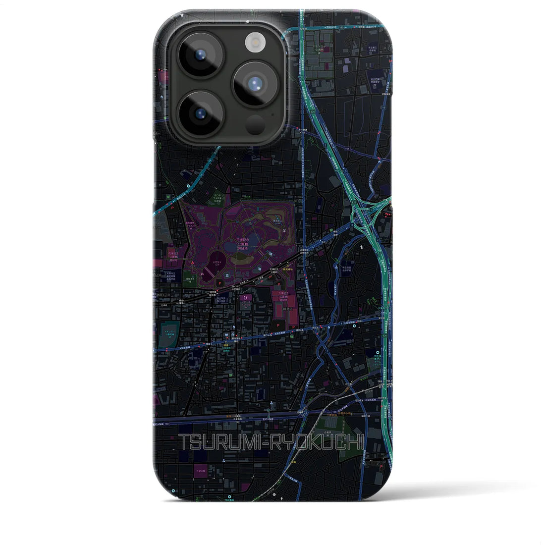 【鶴見緑地】地図柄iPhoneケース（バックカバータイプ・ブラック）iPhone 15 Pro Max 用